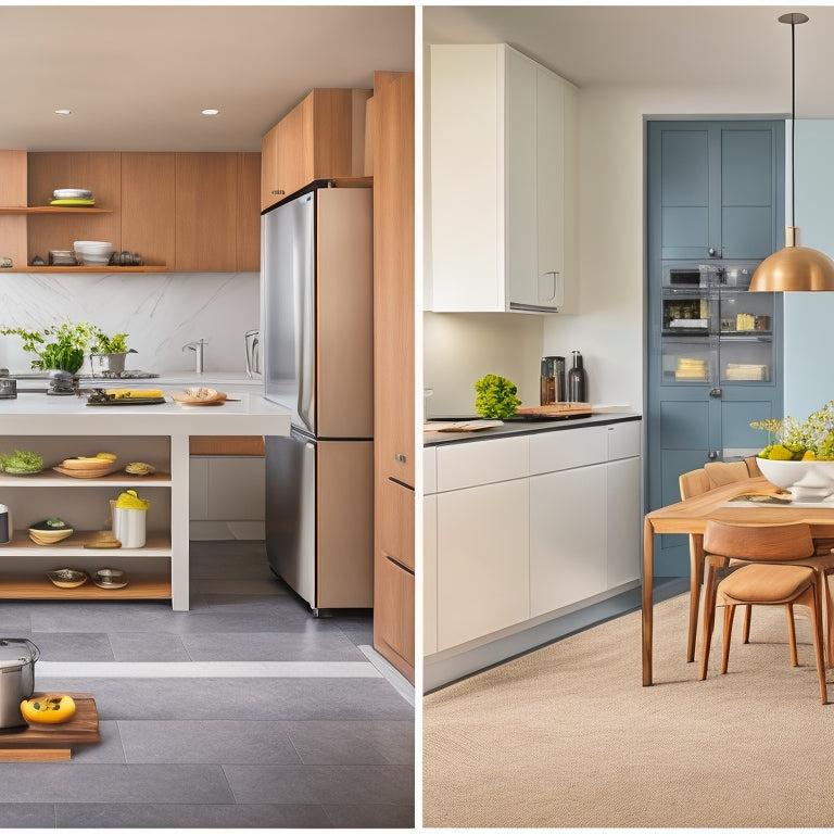 A modern, sleek kitchen with a wall-mounted pot rack, slide-out pantry, and a compact island with a built-in cooktop, surrounded by minimalist cabinetry and a neutral color palette.