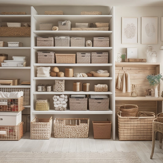 A tidy, well-organized storage room with shelves, bins, and baskets in various shapes and sizes, filled with neatly stacked items, and a few labels and dividers, set against a light, neutral background.