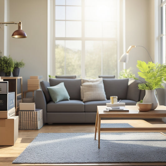 A clutter-free, modern living room with a laptop open to a digital home organization system, surrounded by labeled boxes and a few remaining unpacked items, on a calm and sunny day.