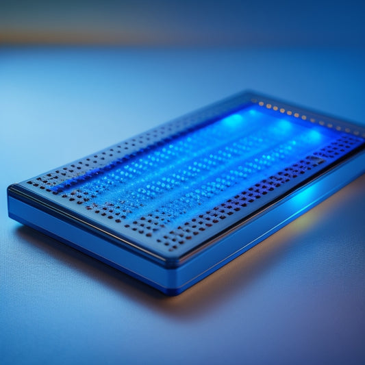 A futuristic, sleek, silver Braille device with a dynamic, shape-shifting display, surrounded by subtle, pulsing blue lights, set against a dark, gradient background with subtle circuitry patterns.