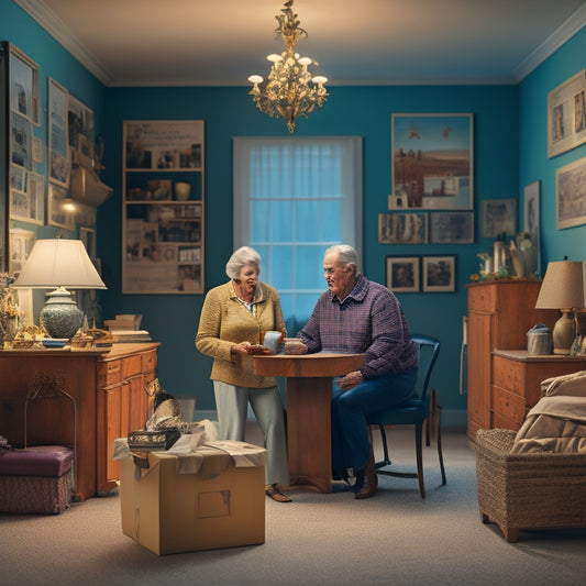 An illustration of a senior couple standing in an empty, dimly lit room with boxes and furniture scattered around them, surrounded by memories and mementos, with a bright, organized space in the background.