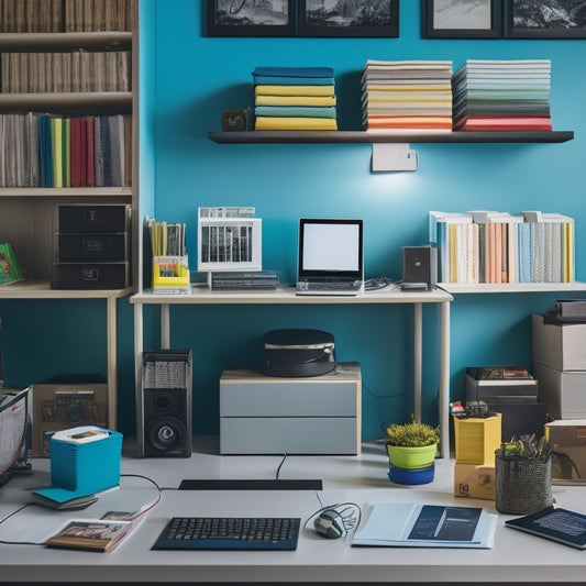An organized digital storage unit with colorful files and folders, surrounded by scattered papers and chaotic cords, transformed into a tidy space with a laptop and headphones nearby.