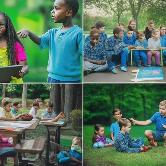 A collage of vibrant, colorful scenes: children gathered around a laptop in a modern classroom, a teacher guiding students in a lush outdoor learning space, and a group of students eagerly participating in a robotics workshop.