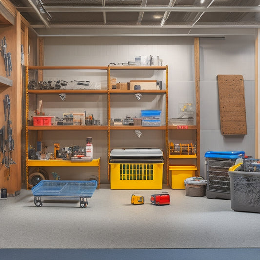 A tidy, well-lit workshop with a pegboard displaying cordless tools, batteries, and chargers, alongside neatly labeled bins and a compact storage cart with wheels, surrounded by a clean, concrete floor.