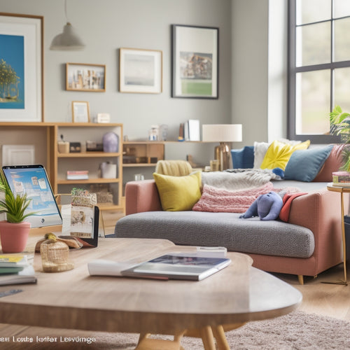 A serene and modern living room with a tidy desk featuring a tablet, a laptop, and a smartphone, surrounded by colorful folders, a calendar, and a few neatly arranged toys.