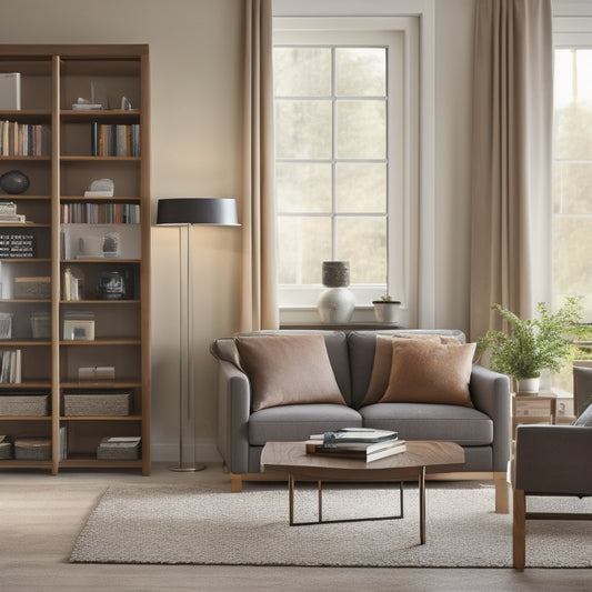 A serene, clutter-free living room with a sleek, minimalist bookshelf, a few neatly labeled storage bins, and a single, leather-bound book lying open on a polished wooden coffee table.
