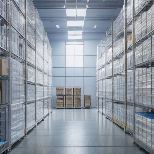 A modern, sleek warehouse interior with rows of tall, silver shelving units, filled with neatly stacked, transparent storage bins and crates, illuminated by soft, white LED lighting.