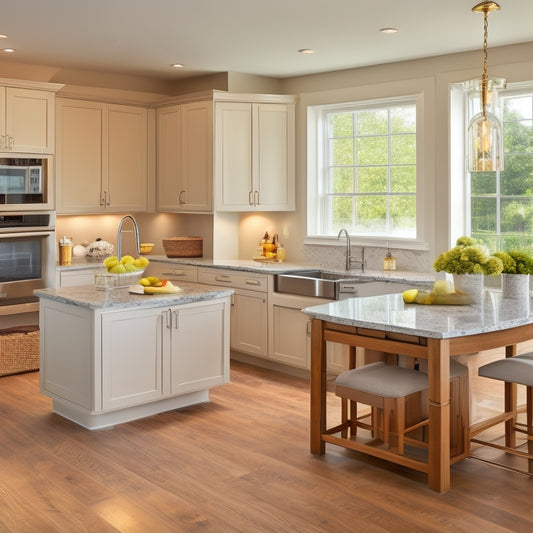 A serene, modern kitchen with cream-colored cabinets, rich wood accents, and a large island featuring a built-in wine rack, surrounded by gleaming stainless steel appliances and ample natural light.
