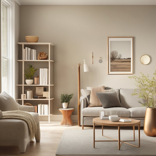 A serene, minimalist living room with a few, carefully selected sentimental items on a shelf, surrounded by calm colors, soft natural light, and a subtle hint of a organized closet in the background.