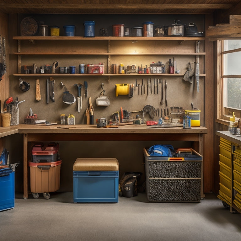 A clutter-free garage with a workbench, toolbox, and neatly arranged small storage bins in various shapes, sizes, and colors, with a few tools and accessories peeking out.