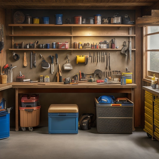 A clutter-free garage with a workbench, toolbox, and neatly arranged small storage bins in various shapes, sizes, and colors, with a few tools and accessories peeking out.