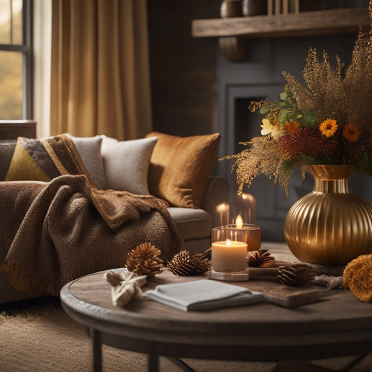 A cozy living room scene with warm golden lighting, plush throw blankets, and autumnal hues, featuring a crackling fireplace, seasonal flowers, and a vase with fallen leaves and pinecones.