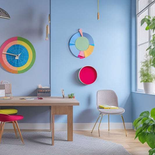 A modern, minimalist home interior with a bold, bright color scheme, featuring a large, circular calendar on the wall, surrounded by scattered post-it notes and colorful pens, amidst a tidy, organized living space.
