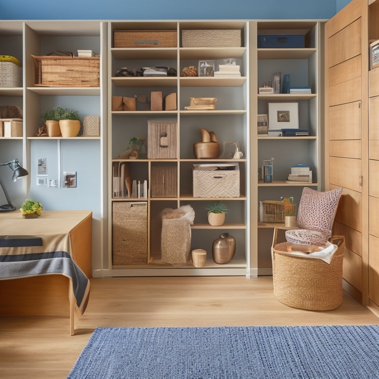A tidy studio apartment with a Murphy bed, foldable desk, and a multi-tiered shelving unit, featuring woven baskets, stacked storage cubes, and a few cleverly hidden compartments.
