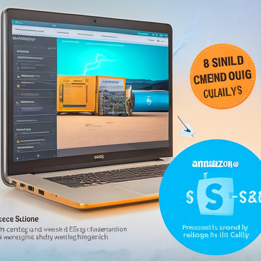 An illustration of a WordPress website's backend, with a clock in the top-right corner showing a lightning-fast speed of 1-2 seconds, connected to an Amazon S3 storage bucket with a prominent arrow indicating data transfer.