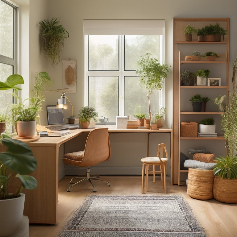 A clutter-free studio apartment with a murphy bed, a compact desk, and a shelving unit with woven baskets, surrounded by a few potted plants and a minimalist rug.
