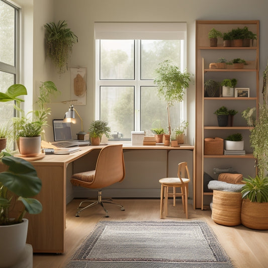 A clutter-free studio apartment with a murphy bed, a compact desk, and a shelving unit with woven baskets, surrounded by a few potted plants and a minimalist rug.