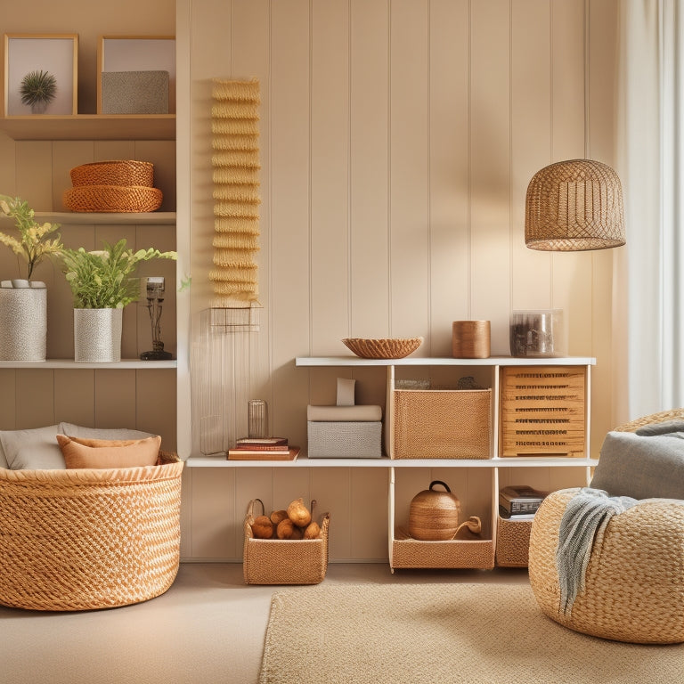 A serene, well-lit living room with a minimalist aesthetic, featuring a sleek, wall-mounted shelving unit, a woven storage basket, and a few, strategically placed, labeled storage bins.