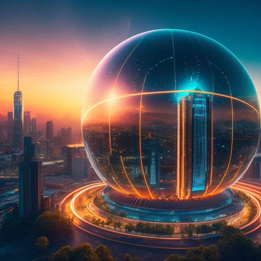 A futuristic cityscape at dusk with sleek skyscrapers and neon lights, featuring a large, glowing orb representing energy efficiency, surrounded by swirling circuits and greenery.