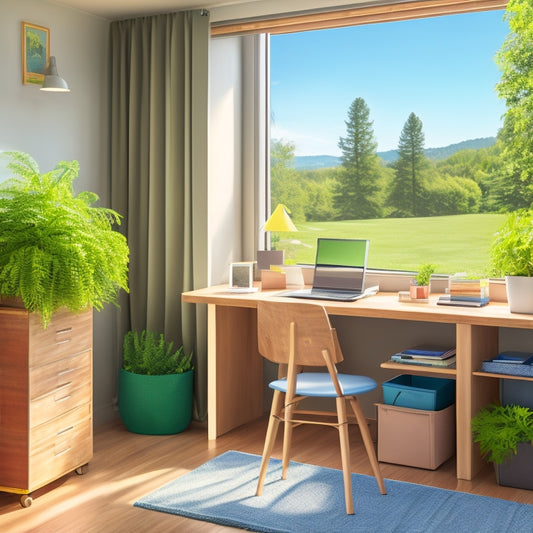 A clutter-free dorm room with stacked boxes, labeled bins, and a tidy desk, surrounded by a serene campus background with lush greenery and a sunny sky.