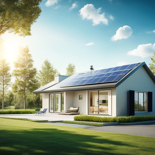 An illustration of a modern home with solar panels on the roof, a sleek battery storage unit in the garage, and a bright green lawn with a few trees, under a sunny blue sky with a few white clouds.