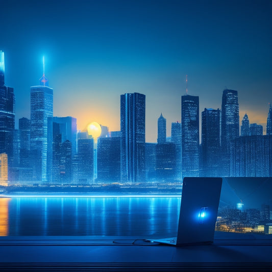 A futuristic, minimalist illustration of a cityscape at dusk, with sleek skyscrapers and neon lights, featuring a large, glowing lightbulb at the center, surrounded by orbiting laptops and tablets.