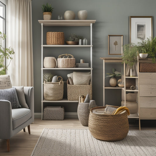 A serene, well-organized living room with a sleek, floor-to-ceiling shelving unit, woven baskets, and a few, strategically-placed decorative objects in a calming color palette.