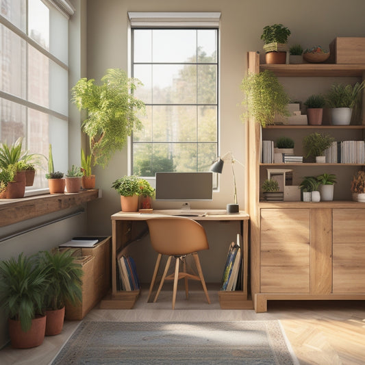 A tidy, minimalist studio apartment with a Murphy bed, a compact desk, and a bookshelf made from repurposed crates, surrounded by soft, natural light and a few potted plants.