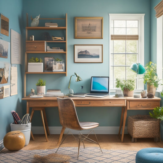 A serene, clutter-free home office with a tidy desk, a few well-organized bookshelves, and a calm color palette, featuring a laptop and a few thoughtful, intentional decorative items.
