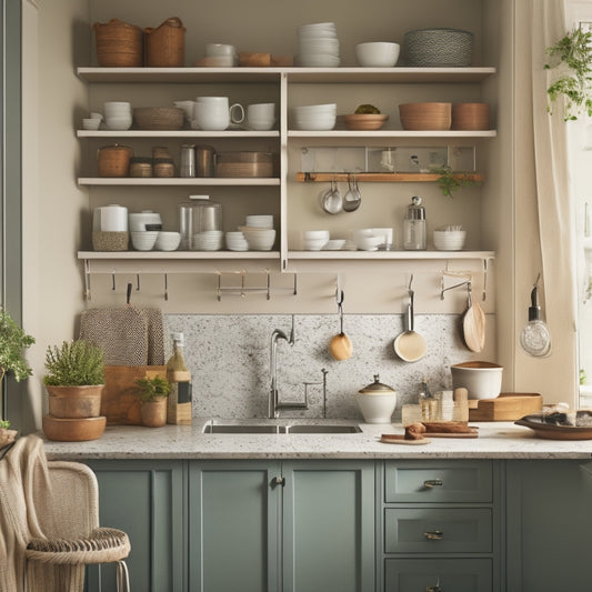 A clutter-free small kitchen with a wall-mounted foldable table, a spice rack on the side of a cabinet, and a hanging utensil organizer above a compact sink.