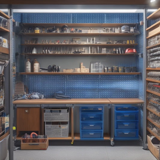 A tidy, well-organized tool closet with a pegboard on the back wall, labeled bins on shelves, and a rolling cart with a vice and built-in drawers, illuminated by a single, bright overhead light.