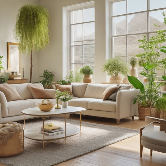 A serene and tidy living room with a cream-colored sofa, a minimalist coffee table, and a few potted plants, surrounded by natural light pouring in through floor-to-ceiling windows.
