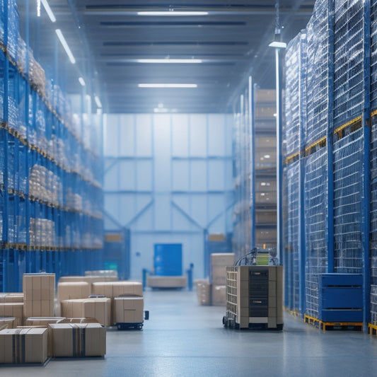 A modern warehouse with rows of sleek, high-tech containers in various sizes, surrounded by futuristic machinery and robotic arms, with soft, warm lighting and a subtle gradient background.