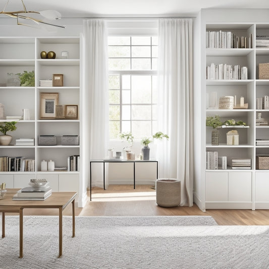 A serene, clutter-free living room with a minimalist aesthetic, featuring a sleek white desk, a few carefully placed decorative objects, and a floor-to-ceiling shelving unit with neatly arranged books and storage bins.