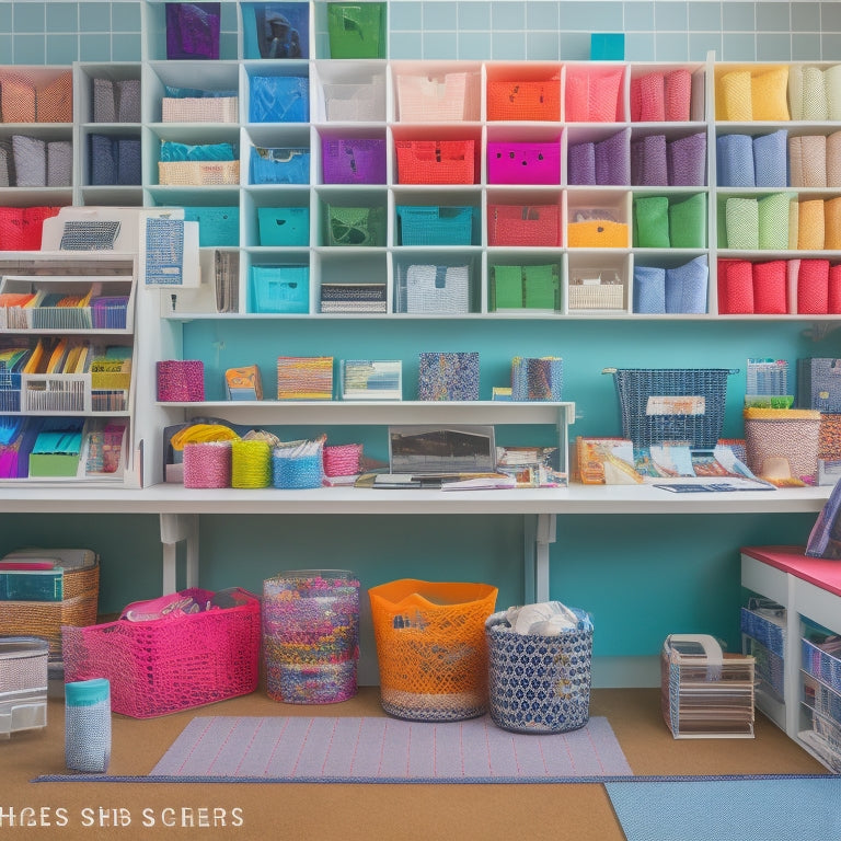 A colorful, well-organized craft room with neatly stored vinyl scraps in labeled bins and baskets, surrounded by cutting mats, scissors, and a laptop with a cutting machine in the background.