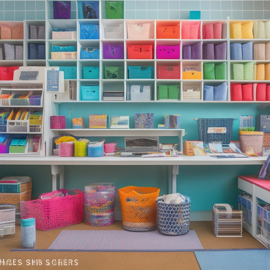 A colorful, well-organized craft room with neatly stored vinyl scraps in labeled bins and baskets, surrounded by cutting mats, scissors, and a laptop with a cutting machine in the background.
