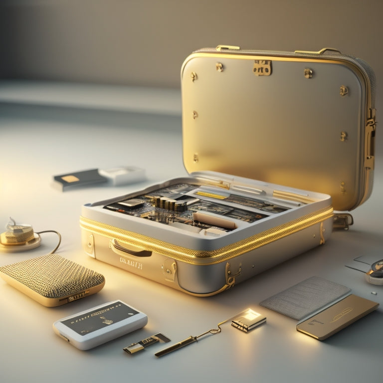 A futuristic, minimalist illustration featuring a suitcase with a subtle circuit board pattern, surrounded by various portable storage devices, such as SSDs and flash drives, in a warm, golden light.