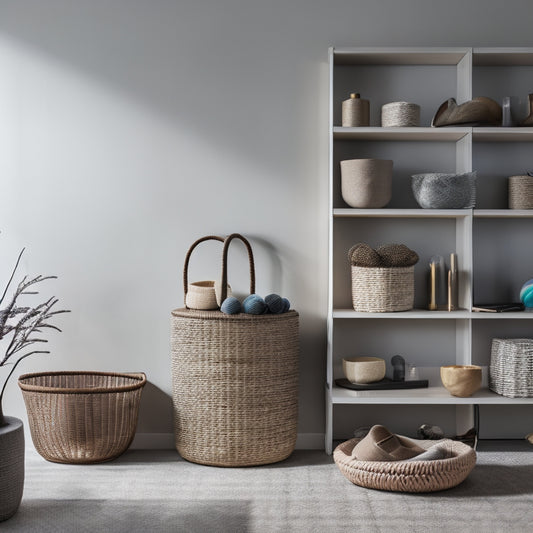 A tidy, modern living room with a sleek, minimalist shelving unit, woven baskets, and a few, carefully-placed decorative objects, against a calming, soft-gray background.