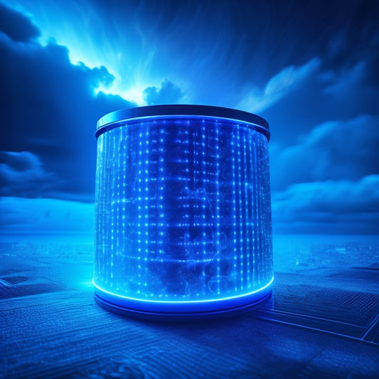 An image featuring a futuristic, metallic blue container with glowing azure circuits and a subtle grid pattern, surrounded by swirling clouds of scanned documents and binary code.