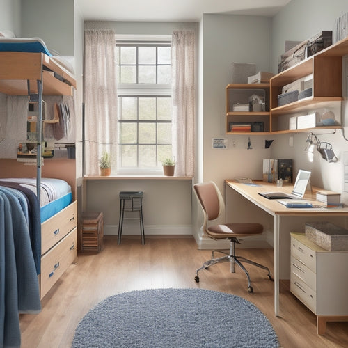 A clutter-free college dorm room with a lofted bed, storage bins stacked under the bed, a hanging shoe organizer on the back of a door, and a compact desk with a built-in shelf.