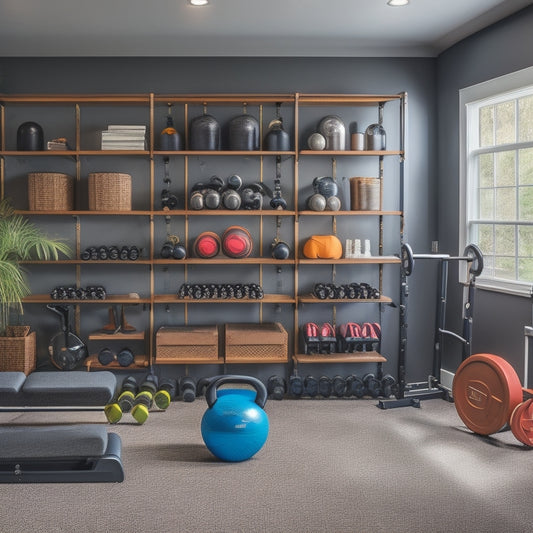 A well-organized home gym with a mix of free weights, kettlebells, and resistance bands, featuring a modular shelving unit, a compact storage ottoman, and a wall-mounted foldable bench.