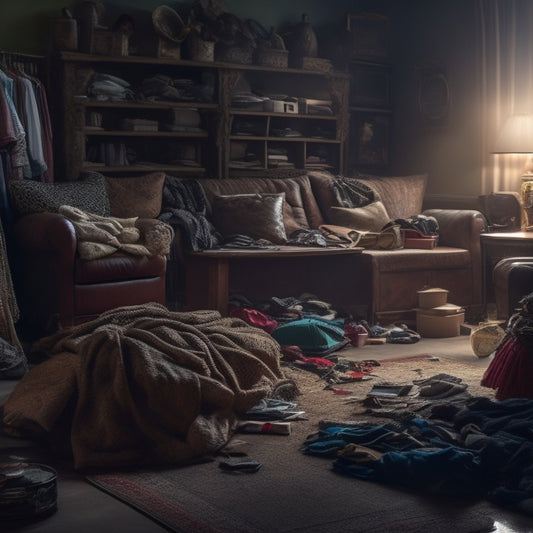 A dimly lit, cluttered living room with piles of clothes, dusty trinkets, and forgotten items stacked haphazardly, with a faint outline of a peaceful, organized space in the background.