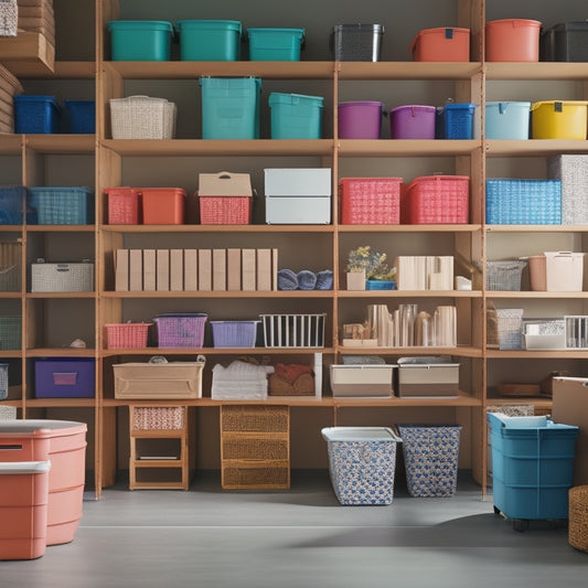 A colorful, organized storage area with various bins and containers, each adorned with vibrant, geometric-shaped labels, amidst a minimalistic background with subtle wood accents and natural light.