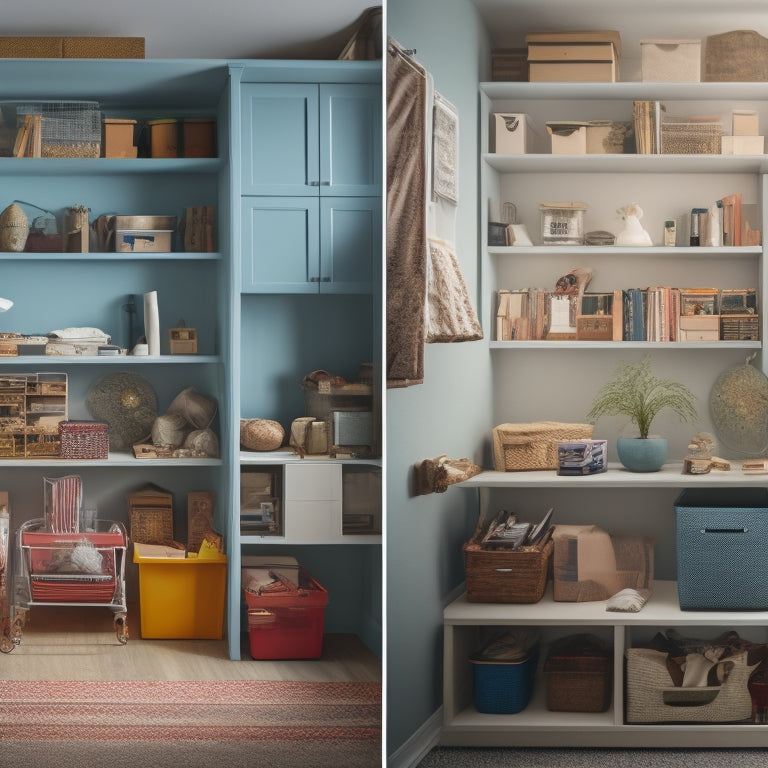 A split-screen illustration featuring a cluttered, cramped room on one side and a serene, organized space on the other, with various storage units and shelves in the latter, in calming colors.