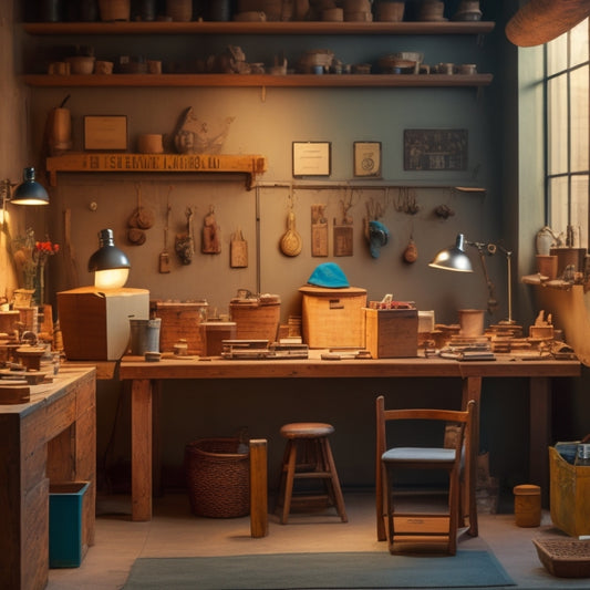 A tidy, well-lit studio with a wooden worktable, surrounded by neatly arranged clay cutters of various shapes and sizes, organized in labeled wooden crates and hanging from a pegboard.