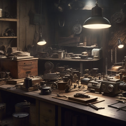 A clutter-free, well-lit workshop with a central, worn wooden table holding various opened appliance manuals, surrounded by organized tools and spare parts, with a faint blueprint design in the background.