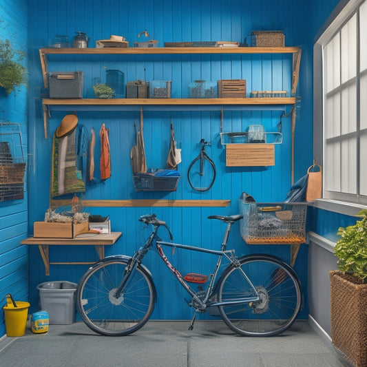 A clutter-free small garage with a slatwall, hooks, and bins, featuring a parked bicycle on a wall-mounted rack, a compact workstation, and a labeled pegboard with hanging tools.