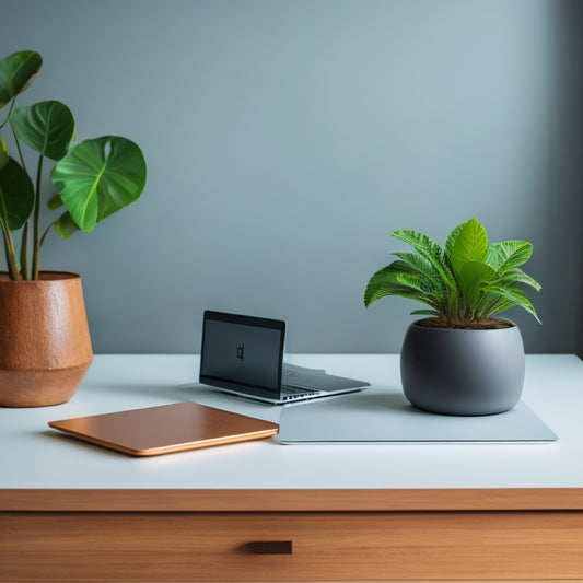 A minimalist desk with a sleek laptop, a single potted plant, and a few carefully placed paperweights, set against a calming light-gray background with subtle wooden textures.