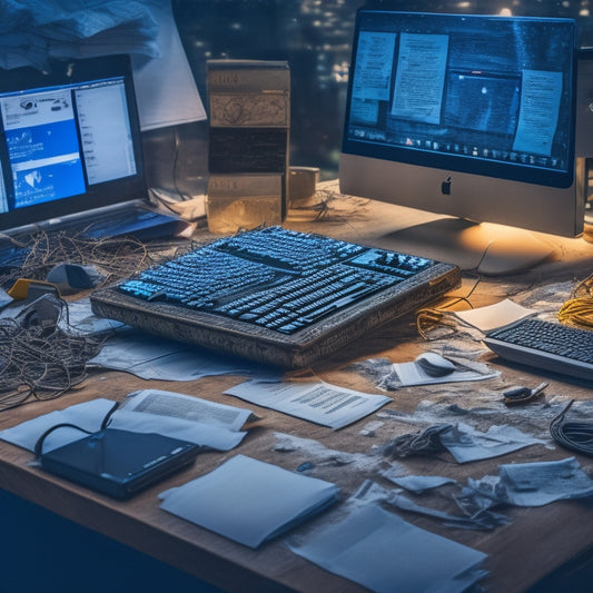 A messy computer desktop with scattered icons, tangled cords, and a cracked screen, surrounded by overflowing folders, crumpled papers, and a broken keyboard, set against a dark, cluttered background.