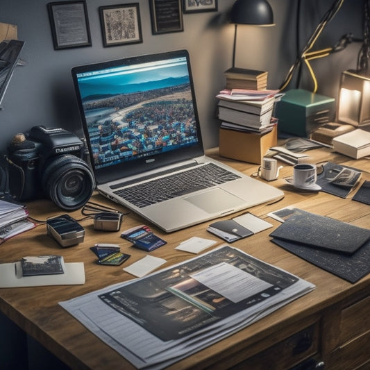 A cluttered desk with a laptop, surrounded by scattered SD cards, tangled cords, and multiple external hard drives, with a few burst-out folders and papers overflowing from a nearby shelf.